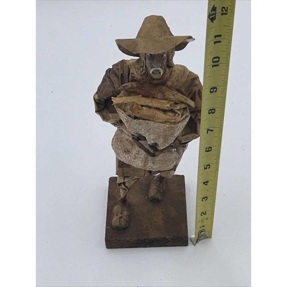 Vintage Authentic Mexican Paper‎ Mache Man Folk Art Figurine With Bag Of Fish